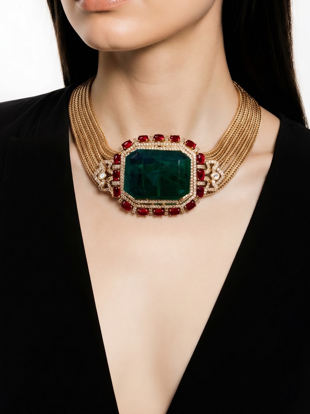 Gold Multi-Strand Choker Necklace with Emerald Green Center and Ruby Accents